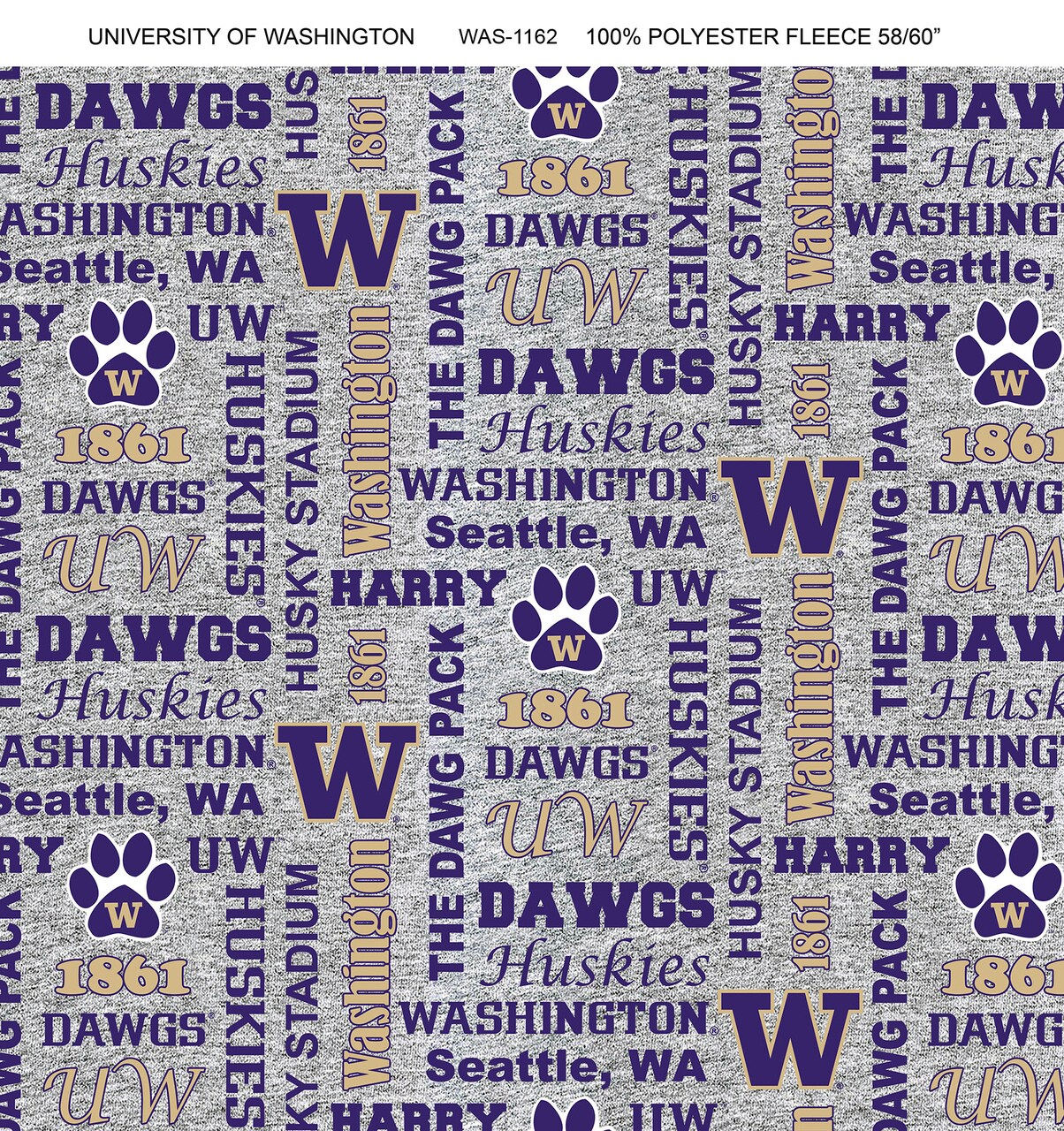 Sykel Enterprises-University of Washington Fleece Fabric-Washington Huskies Heather Verbiage Fleece Blanket Fabric-Sold by the yard
